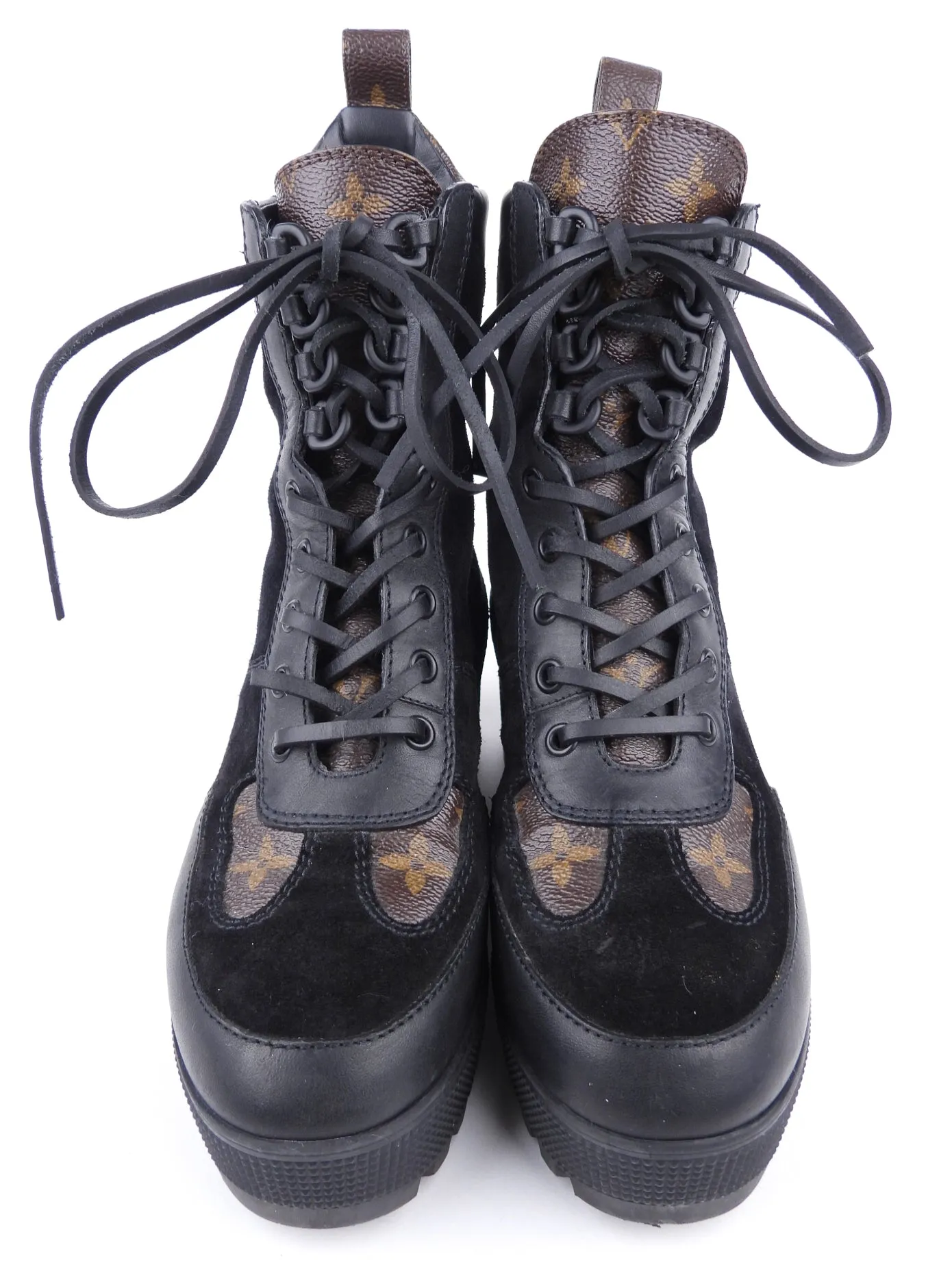 Louis Vuitton Black Suede and Monogram Laureate Platform Desert Combat Boot - 36