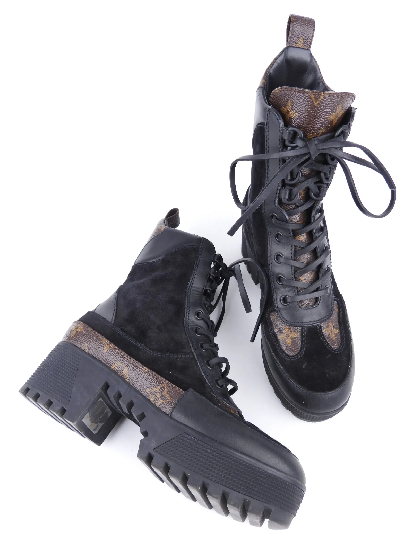 Louis Vuitton Black Suede and Monogram Laureate Platform Desert Combat Boot - 36