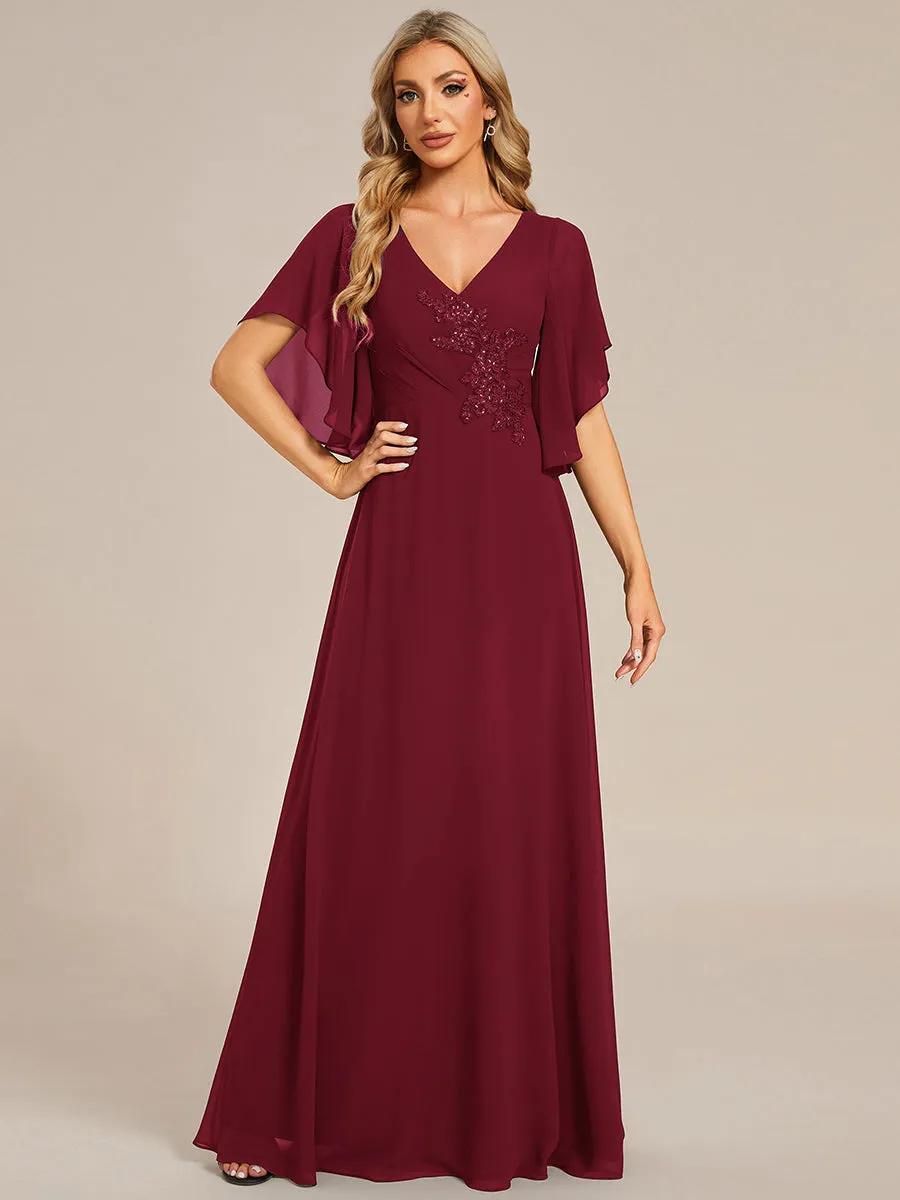 Maxi Long Chiffon Floral Embroidery Evening Dresses With Short Sleeves