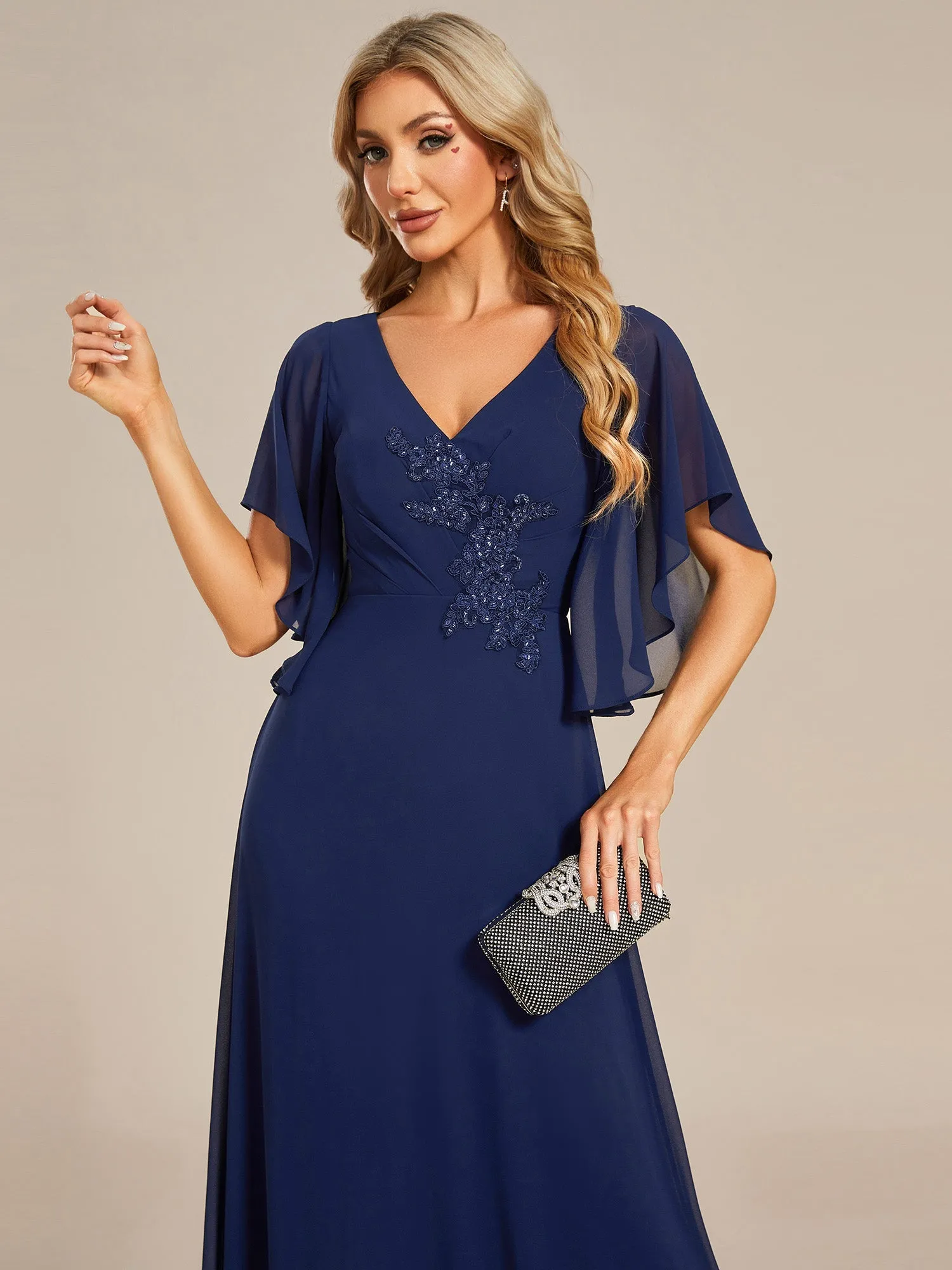 Maxi Long Chiffon Floral Embroidery Evening Dresses With Short Sleeves