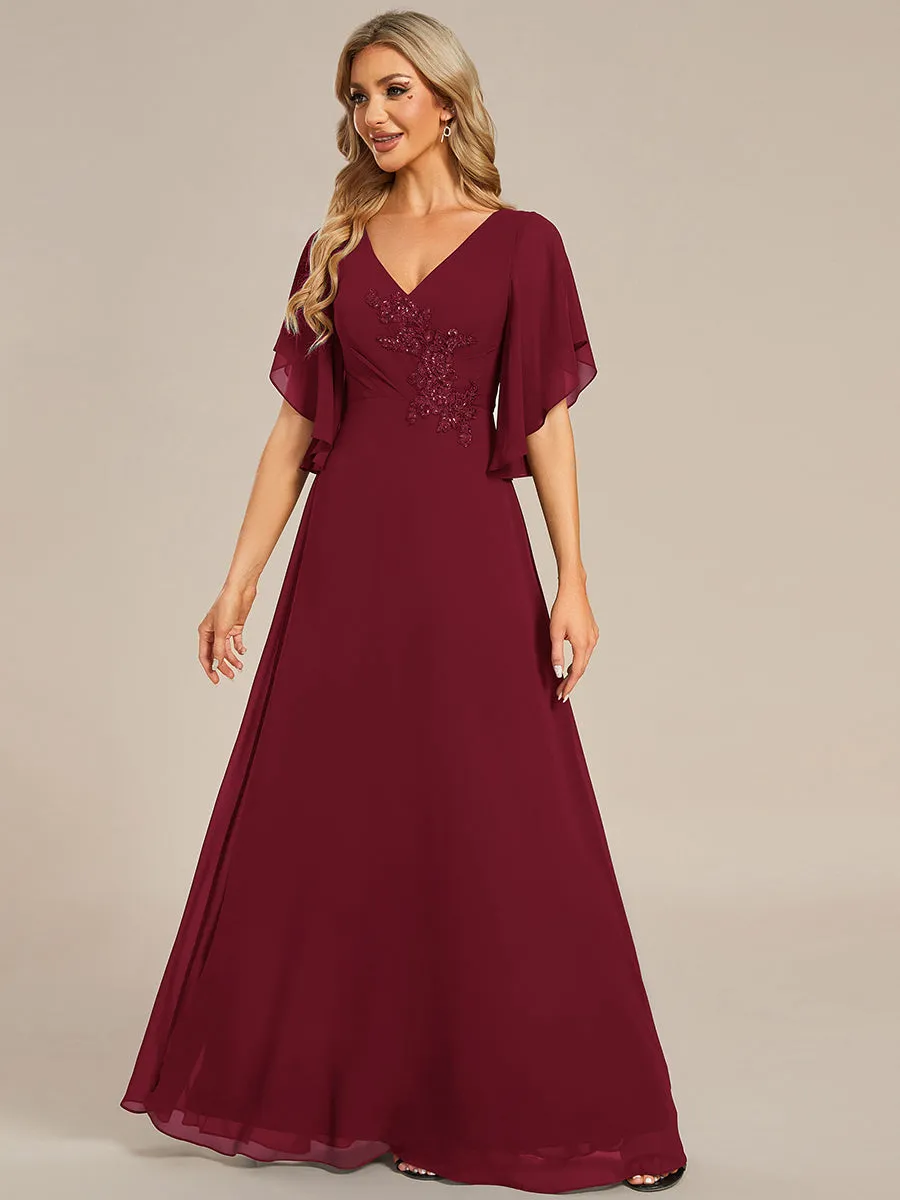 Maxi Long Chiffon Floral Embroidery Evening Dresses With Short Sleeves