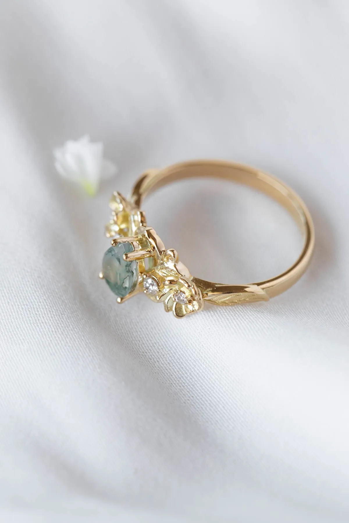 Moss agate and diamonds floral engagement ring / Adelina