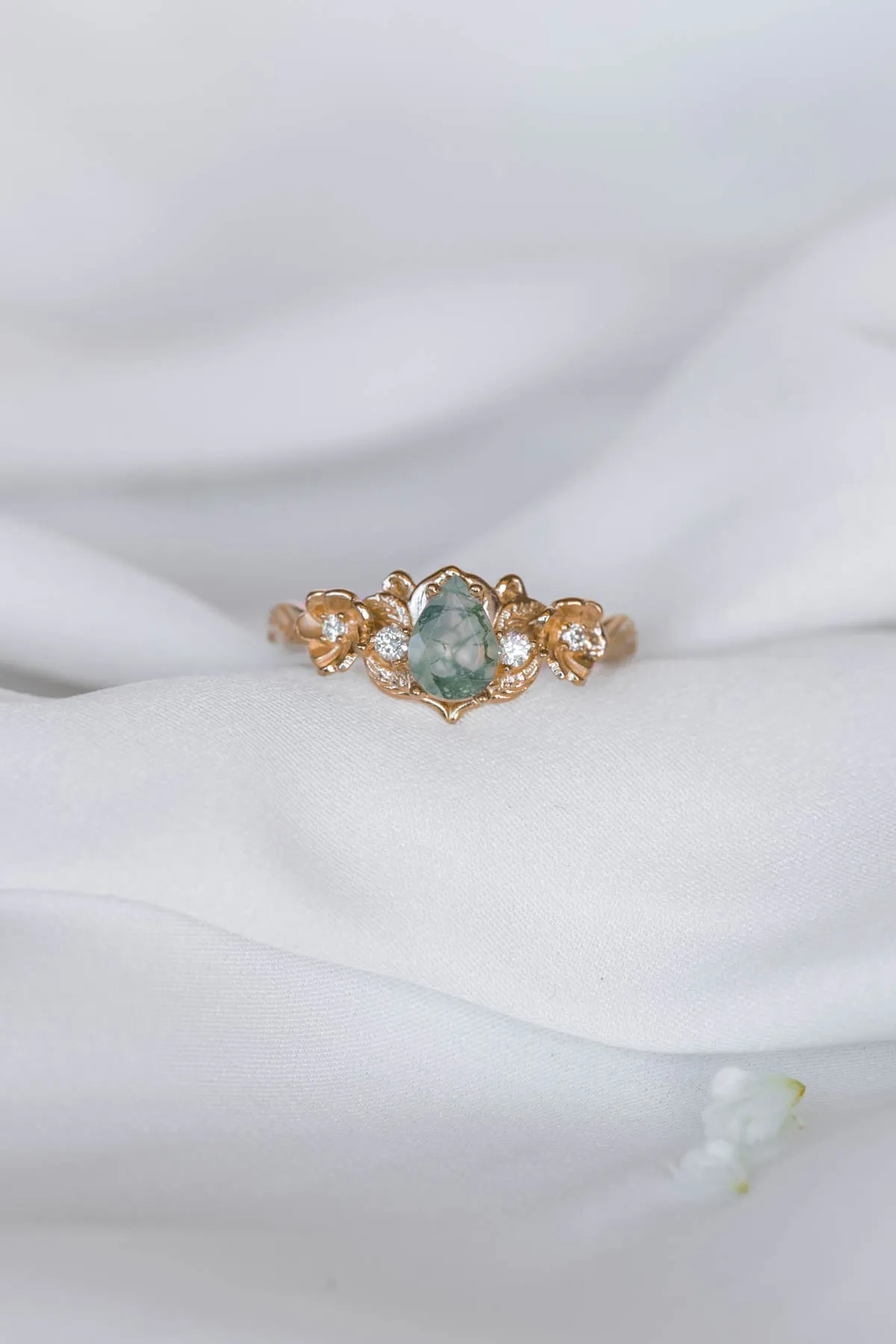 Moss agate and diamonds floral engagement ring / Adelina