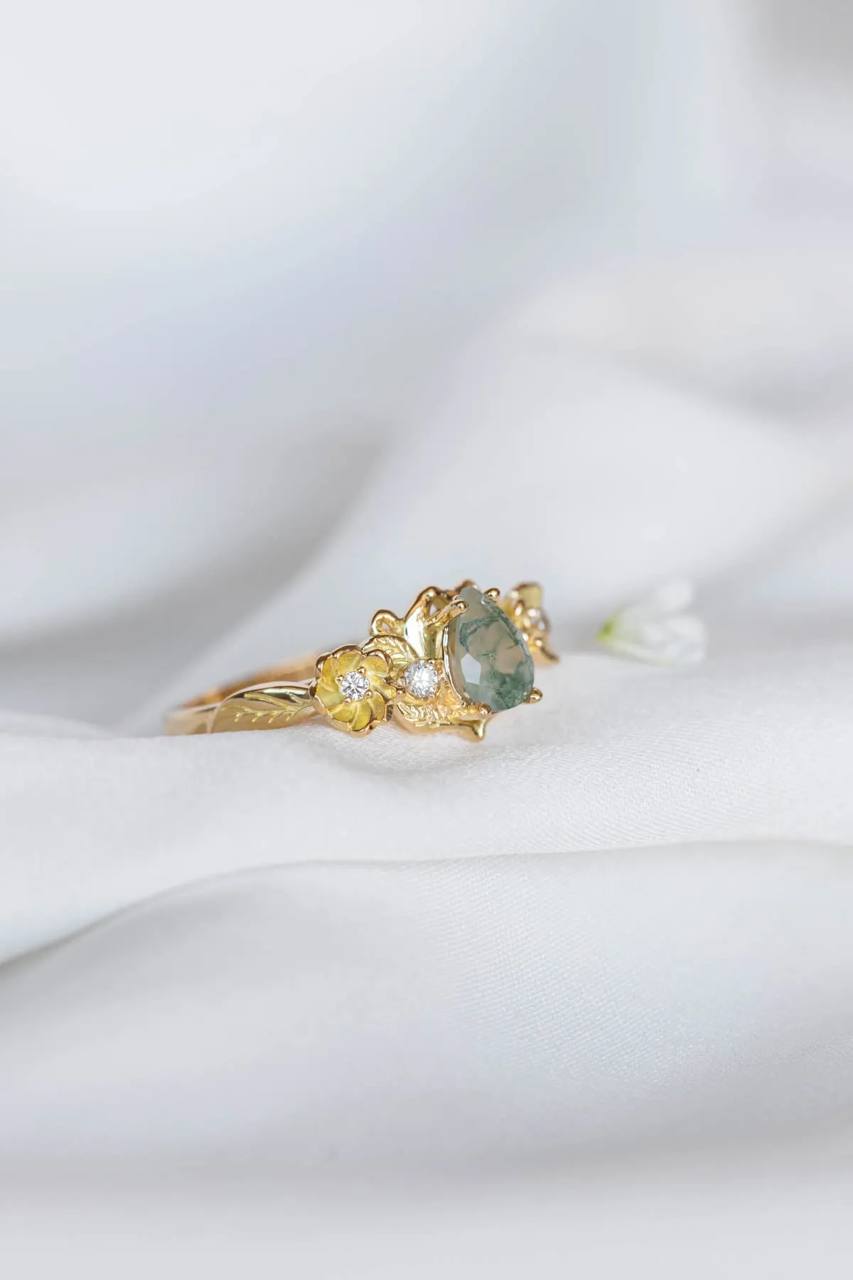 Moss agate and diamonds floral engagement ring / Adelina