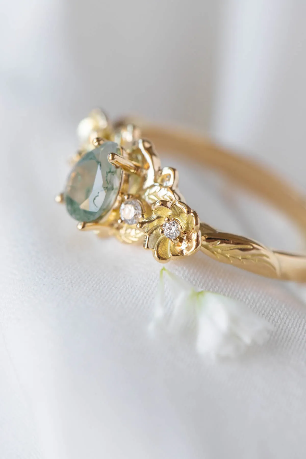 Moss agate and diamonds floral engagement ring / Adelina