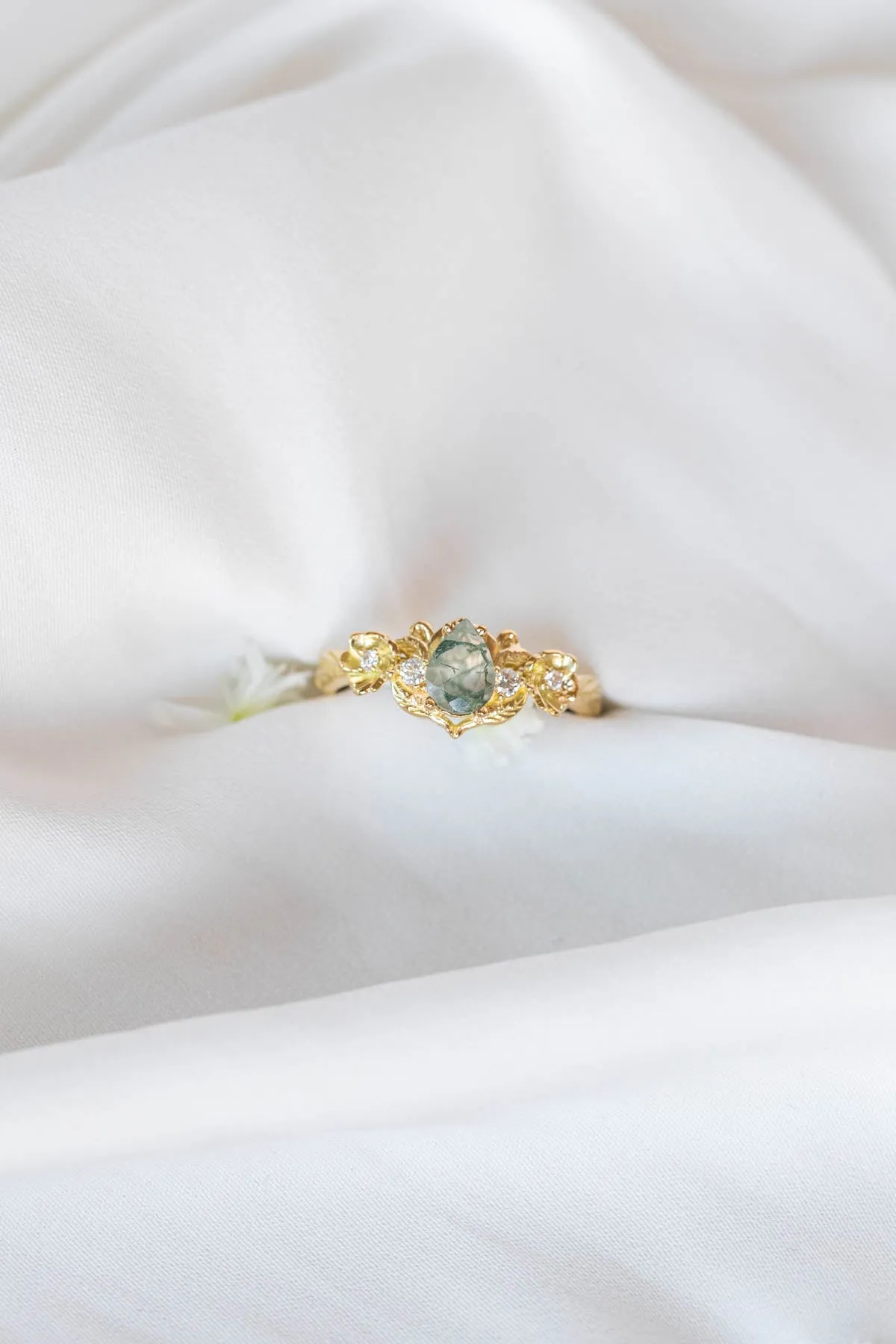 Moss agate and diamonds floral engagement ring / Adelina