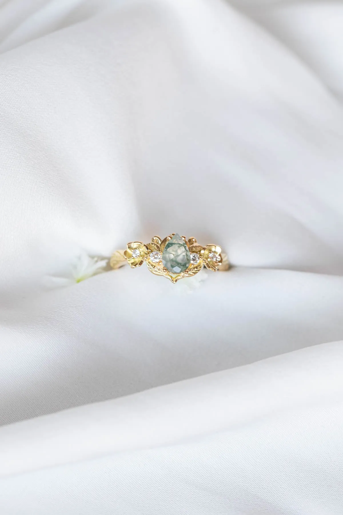 Moss agate and diamonds floral engagement ring / Adelina