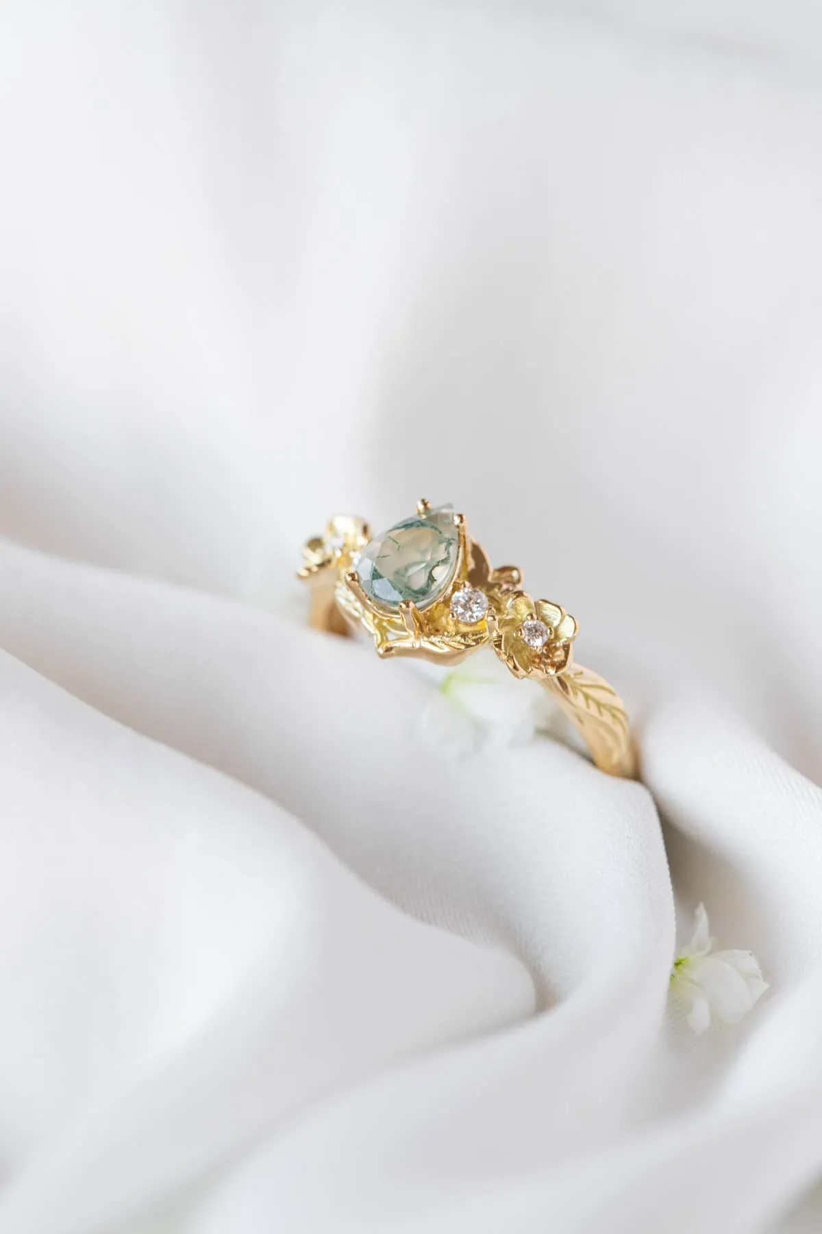 Moss agate and diamonds floral engagement ring / Adelina