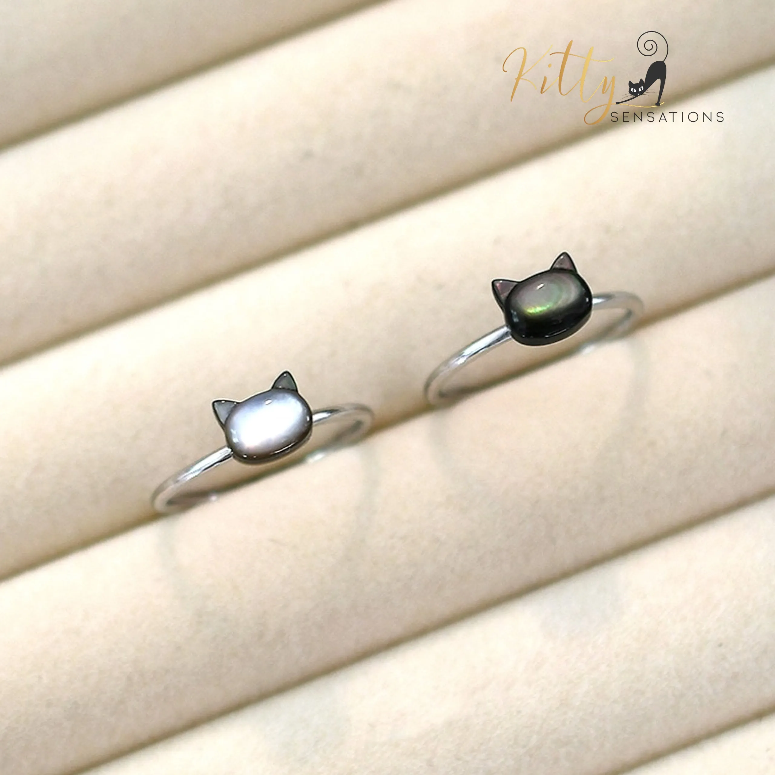 Mother-of-Pearl Cat Ring in Solid 925 Sterling Silver (Adjustable)