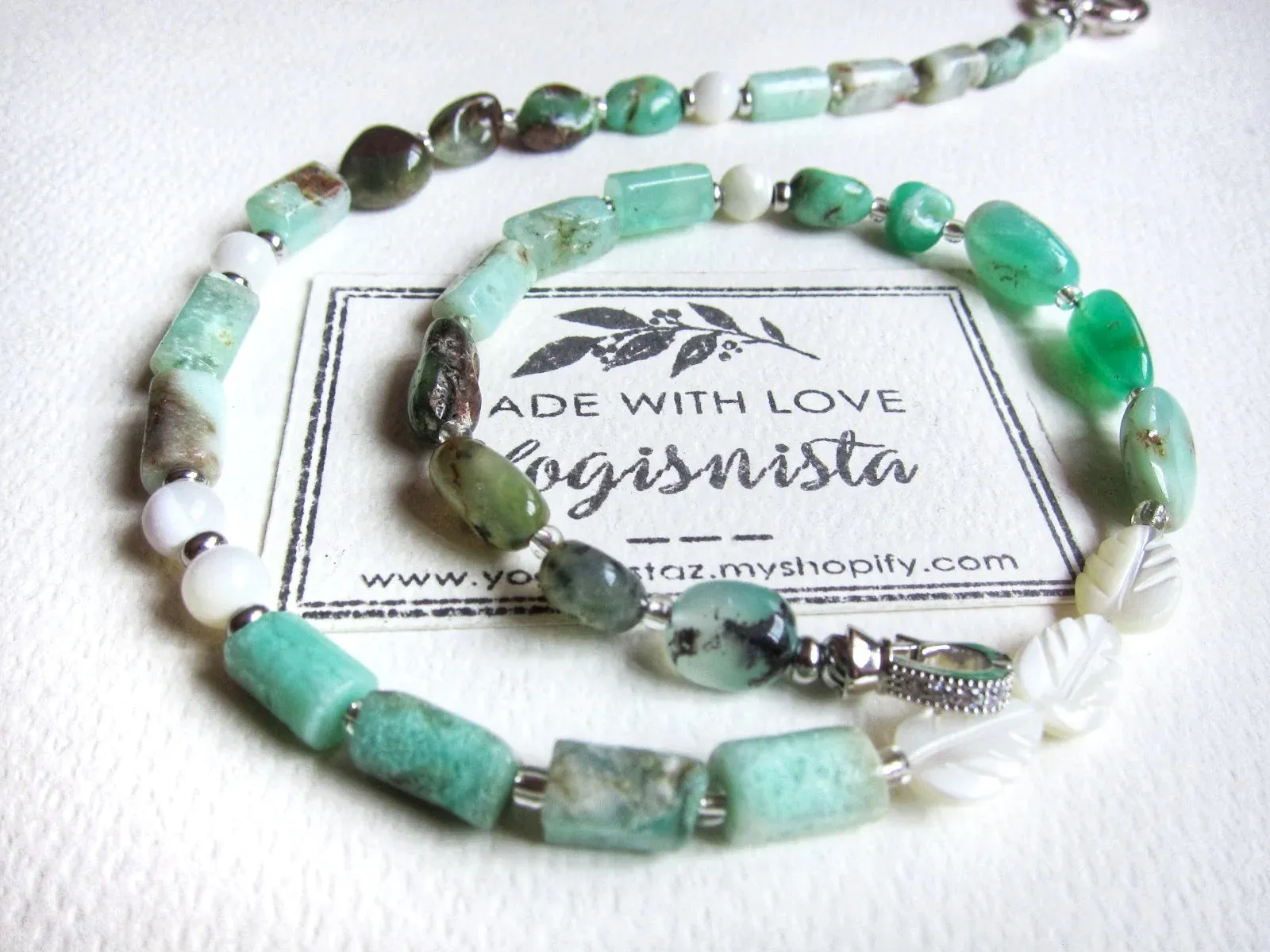 Mother of Pearl, Chrysoprase Jade Beaded Necklace - Abundance, Protection, Prosperity