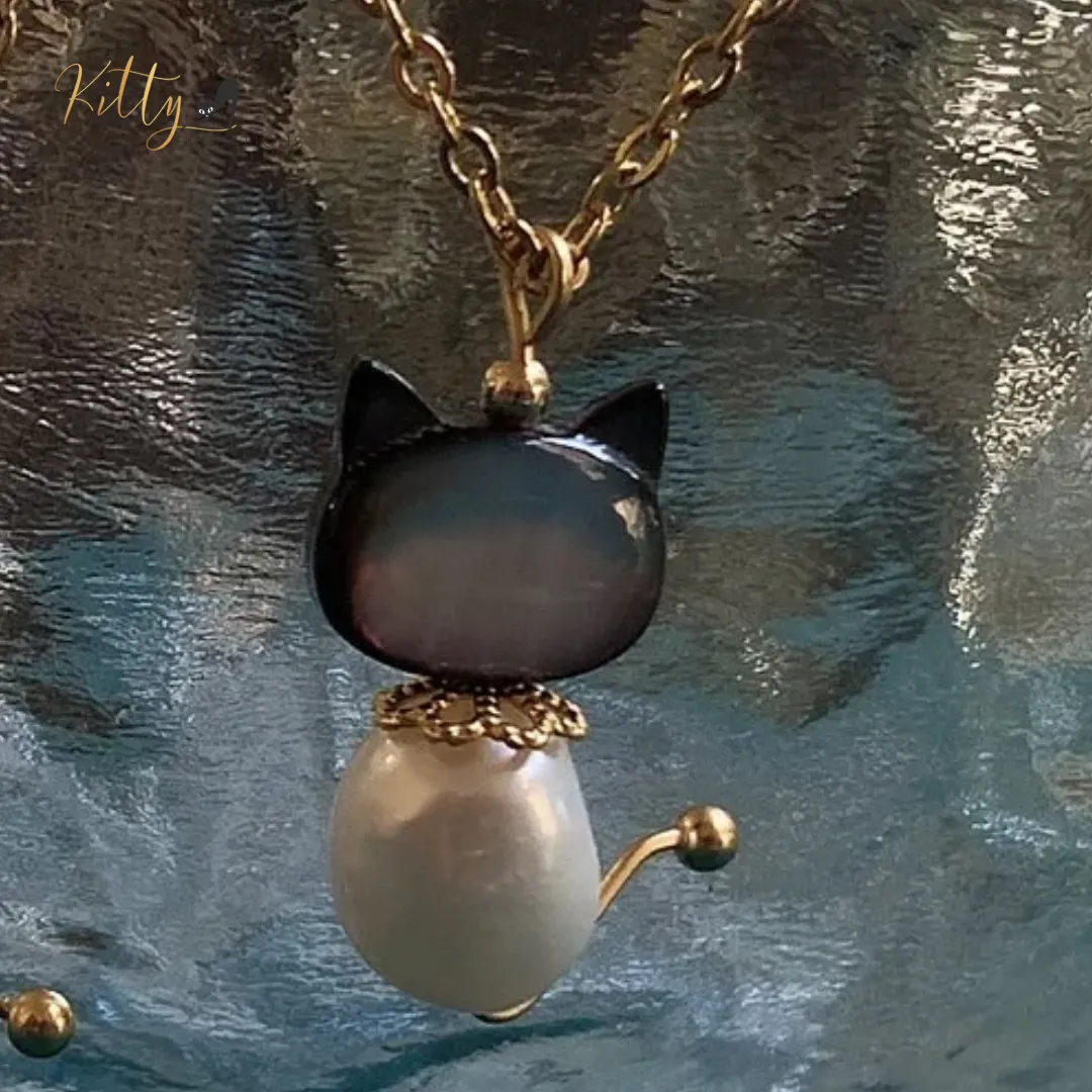 Natural Freshwater Pearl and Mother-of-Pearl Cat Necklace (White or Black) - Gold Plated