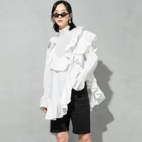 Okimi Asymmetrical Ruffle Long Sleeve Shirt - White