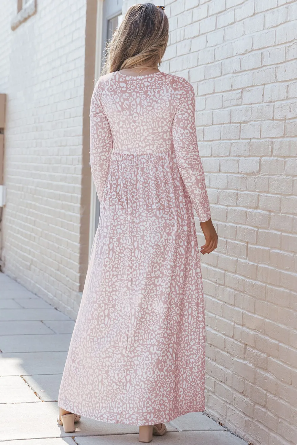 Pink Empire Print Long Sleeve Maxi Dress with Pockets