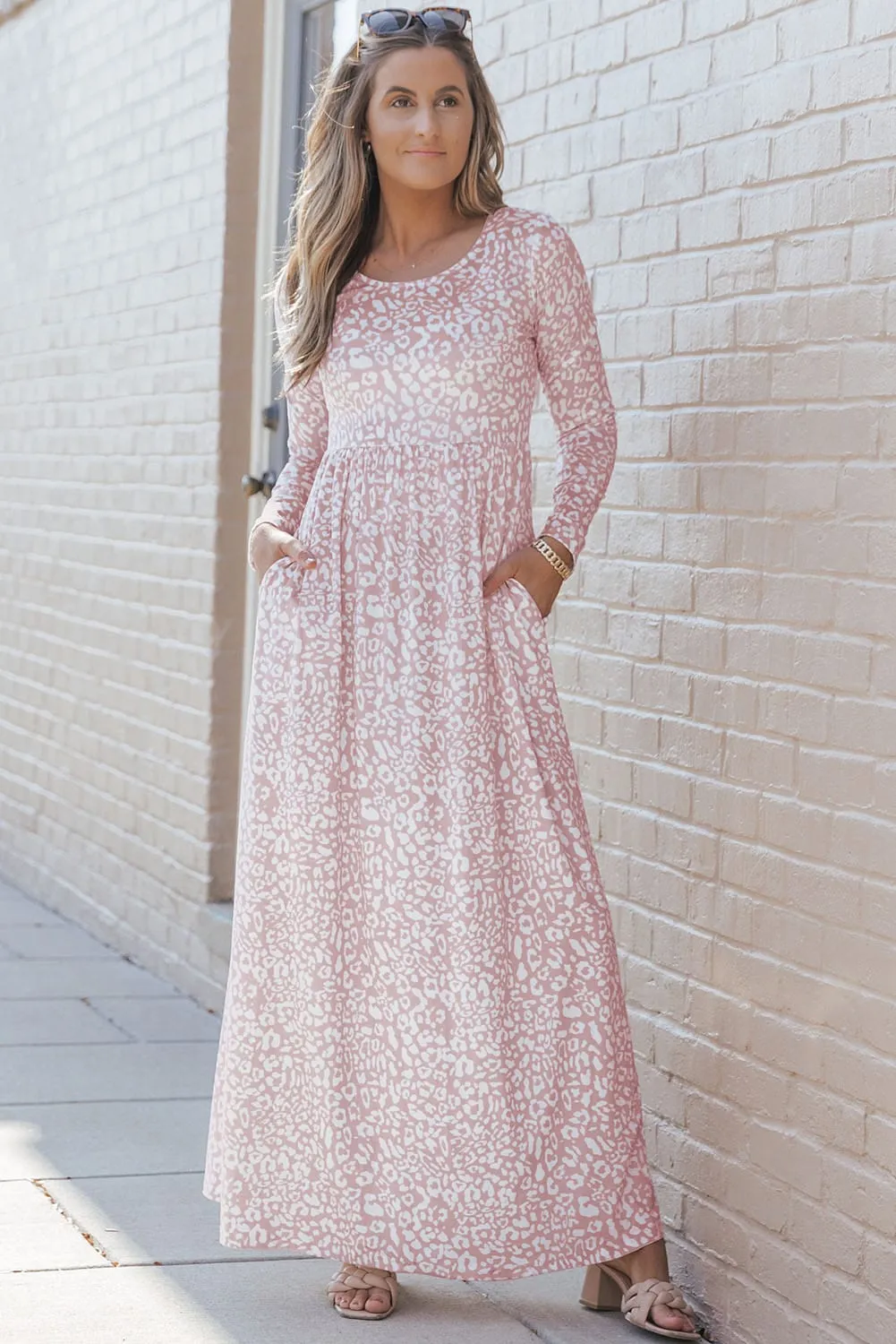 Pink Empire Print Long Sleeve Maxi Dress with Pockets