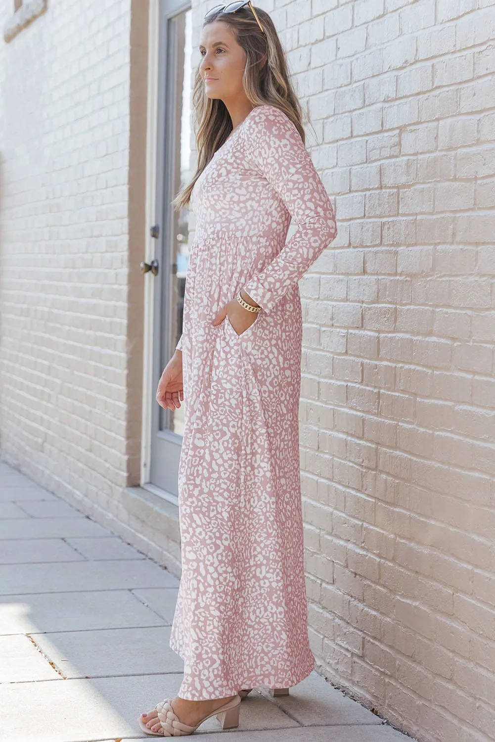 Pink Empire Print Long Sleeve Maxi Dress with Pockets