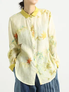 Plus Size Flower Prints Long Sleeve Women Turndown Collar Shirt