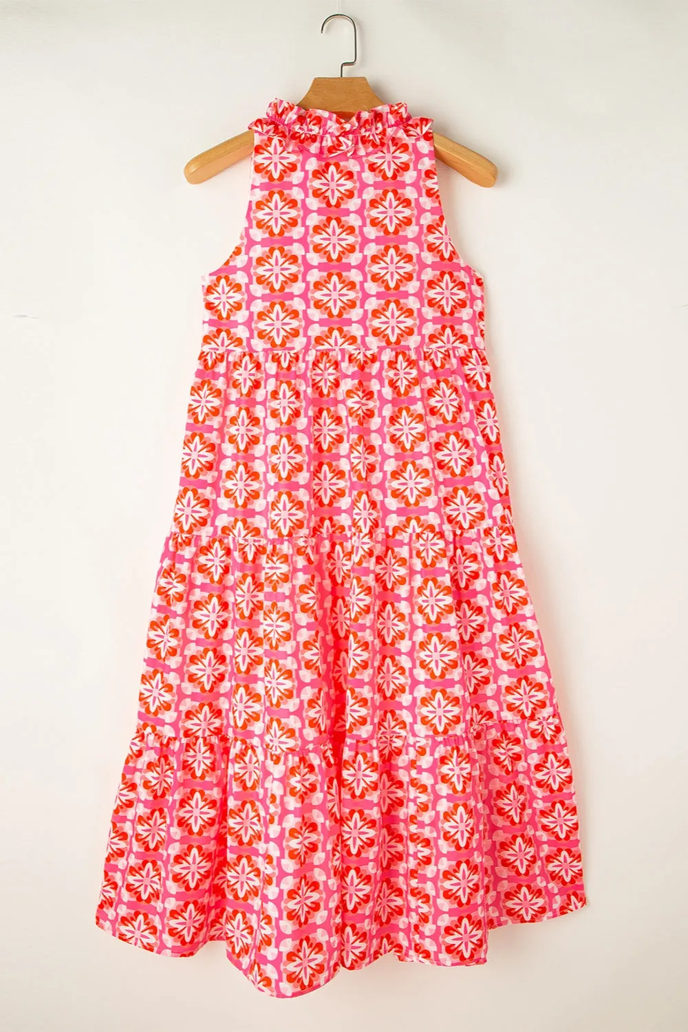 Printed Notched Sleeveless Midi Dress