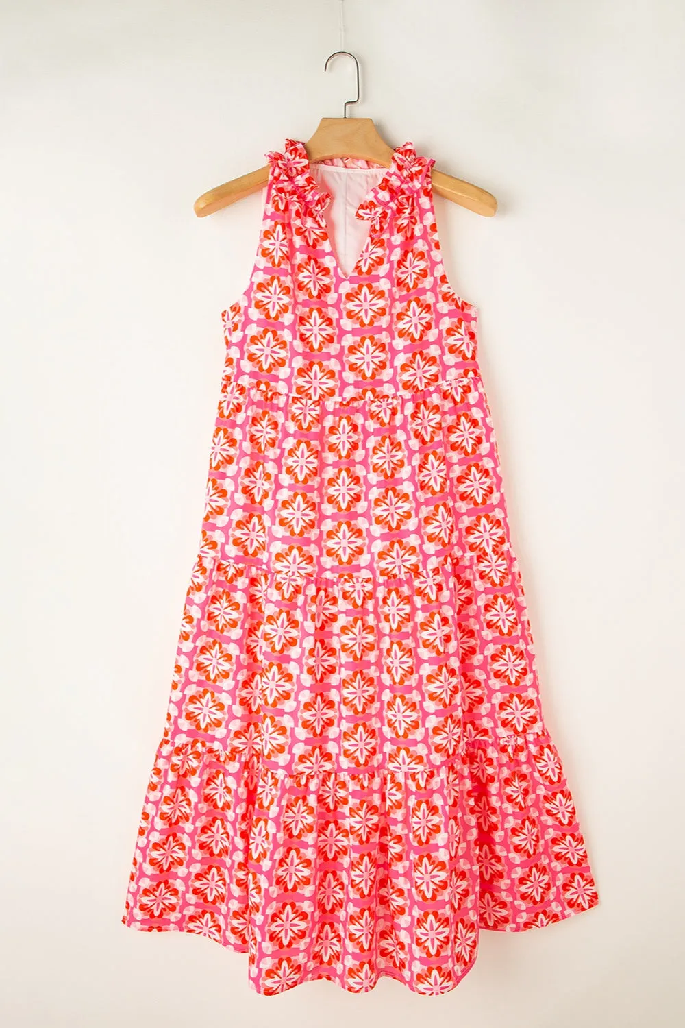 Printed Notched Sleeveless Midi Dress