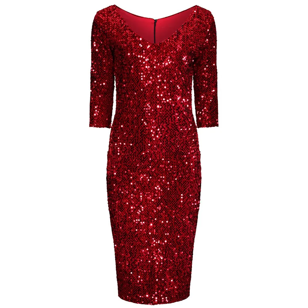 Red 3/4 Sleeve V Neck Velour Sequin Pencil Wiggle Party Dress