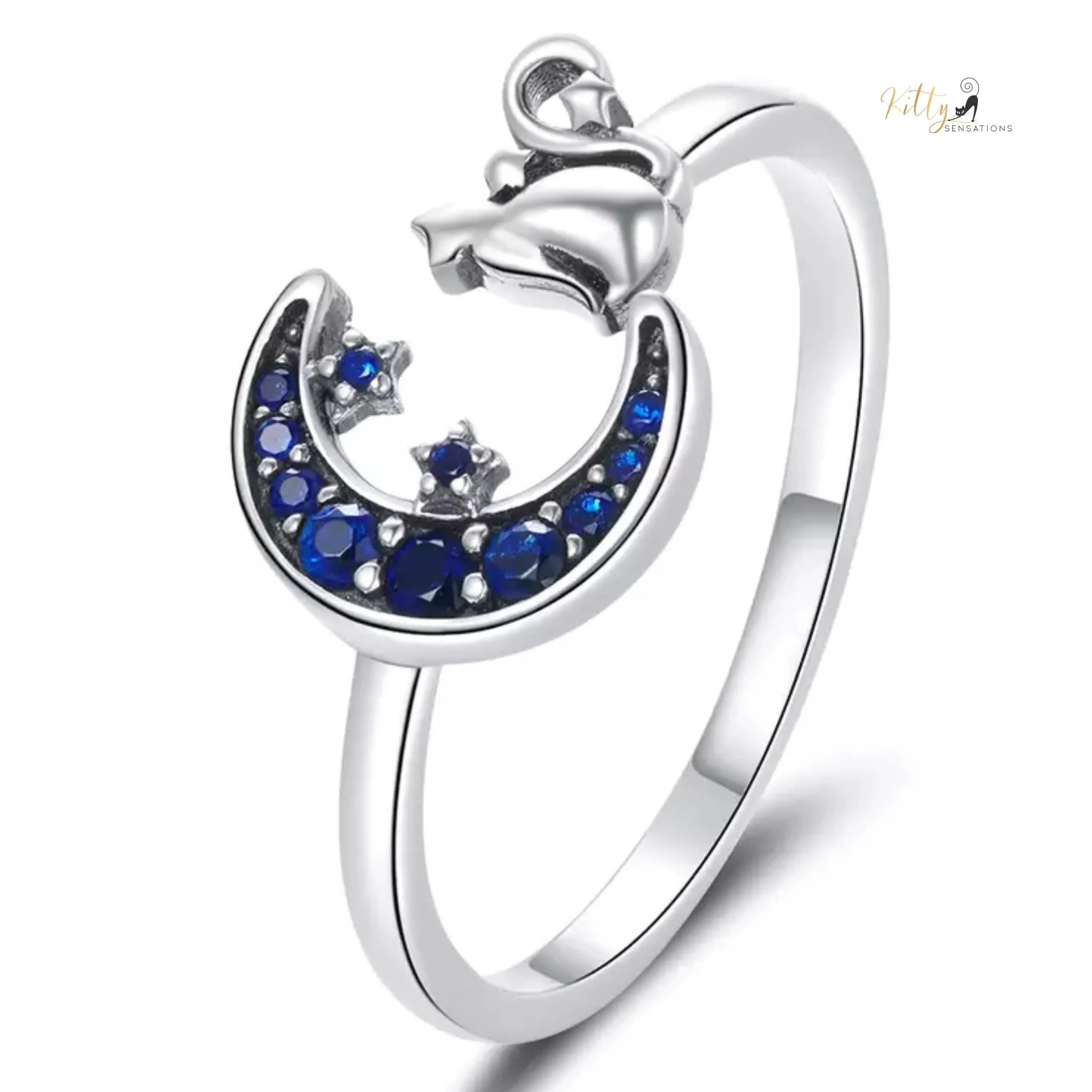 Regal Blue Moon Cat Ring in Solid 925 Sterling Silver - Adjustable