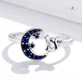 Regal Blue Moon Cat Ring in Solid 925 Sterling Silver - Adjustable