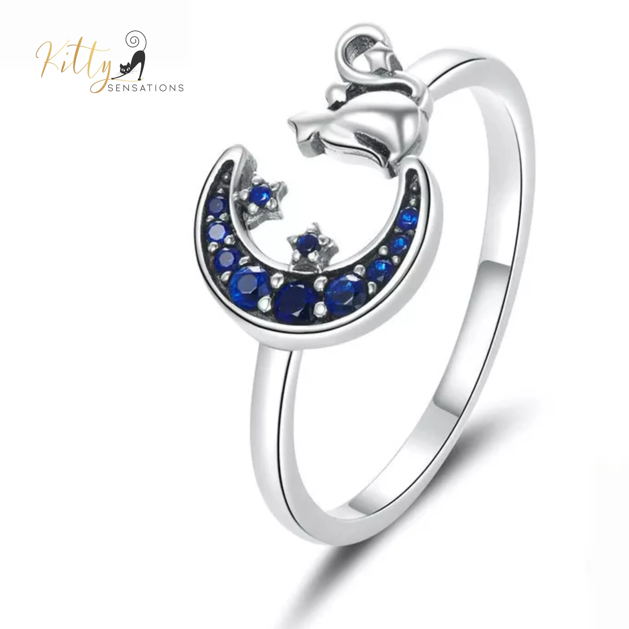 Regal Blue Moon Cat Ring in Solid 925 Sterling Silver - Adjustable