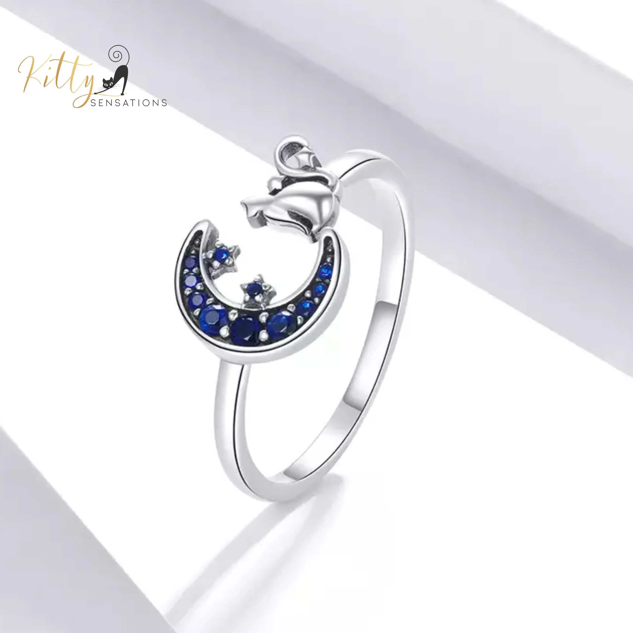 Regal Blue Moon Cat Ring in Solid 925 Sterling Silver - Adjustable