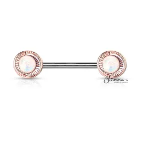 Rose Gold Plated Round Flower with Opal Glitter Centered Barbell Nipple Rings - White