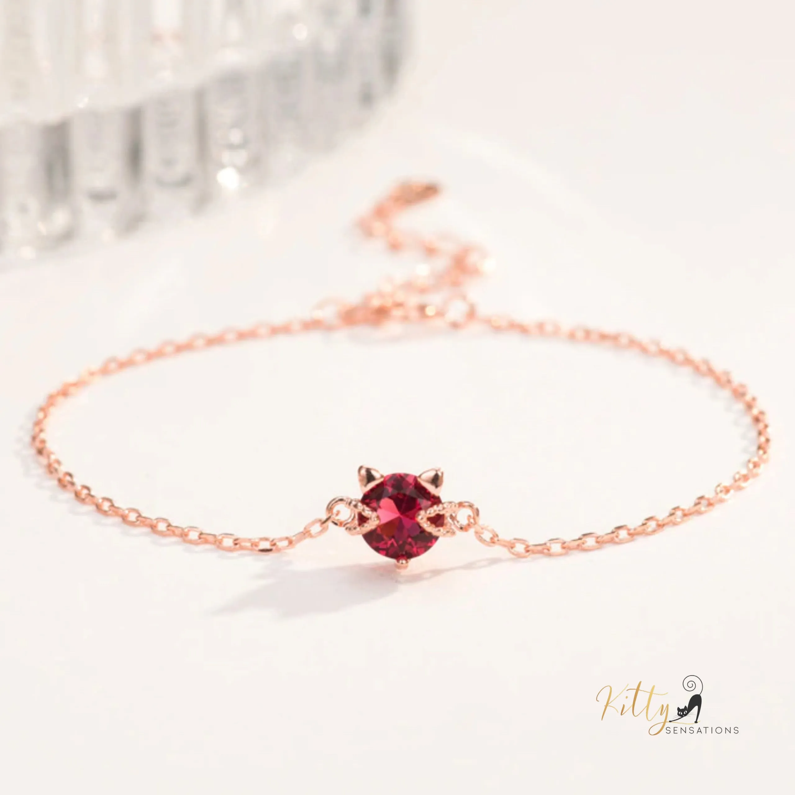 Ruby Red Cat Bracelet in Solid 925 Sterling Silver - Adjustable Length