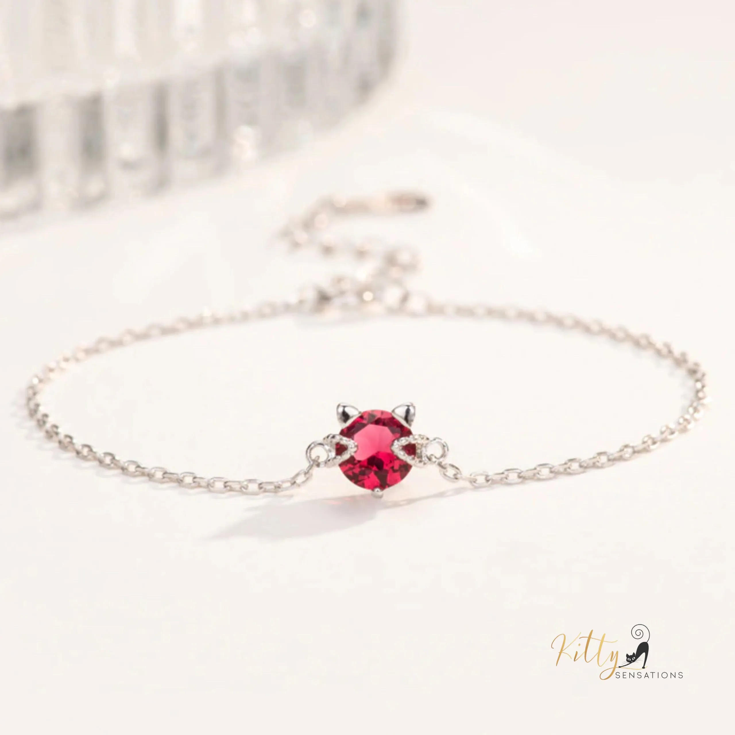 Ruby Red Cat Bracelet in Solid 925 Sterling Silver - Adjustable Length