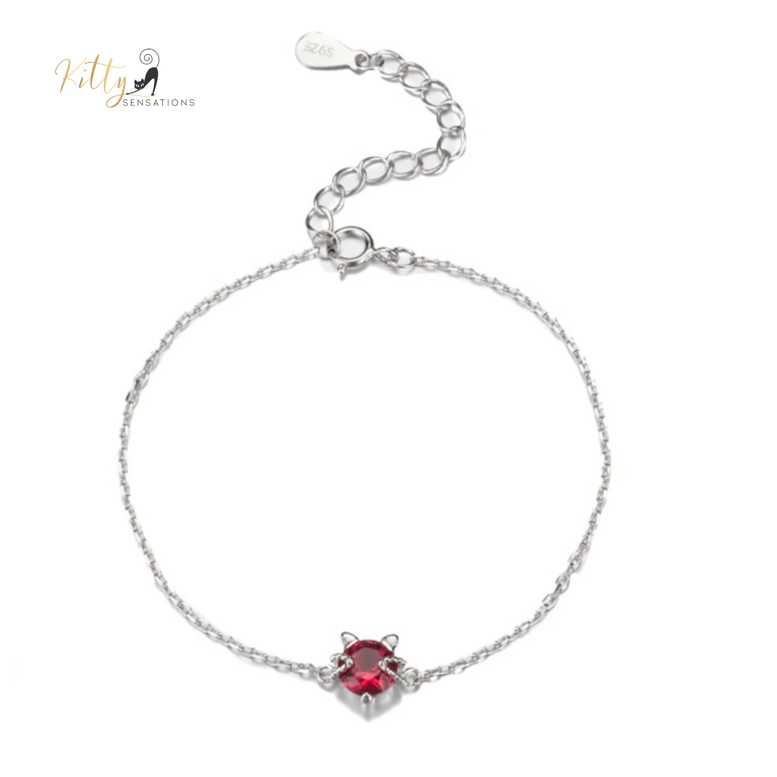 Ruby Red Cat Bracelet in Solid 925 Sterling Silver - Adjustable Length