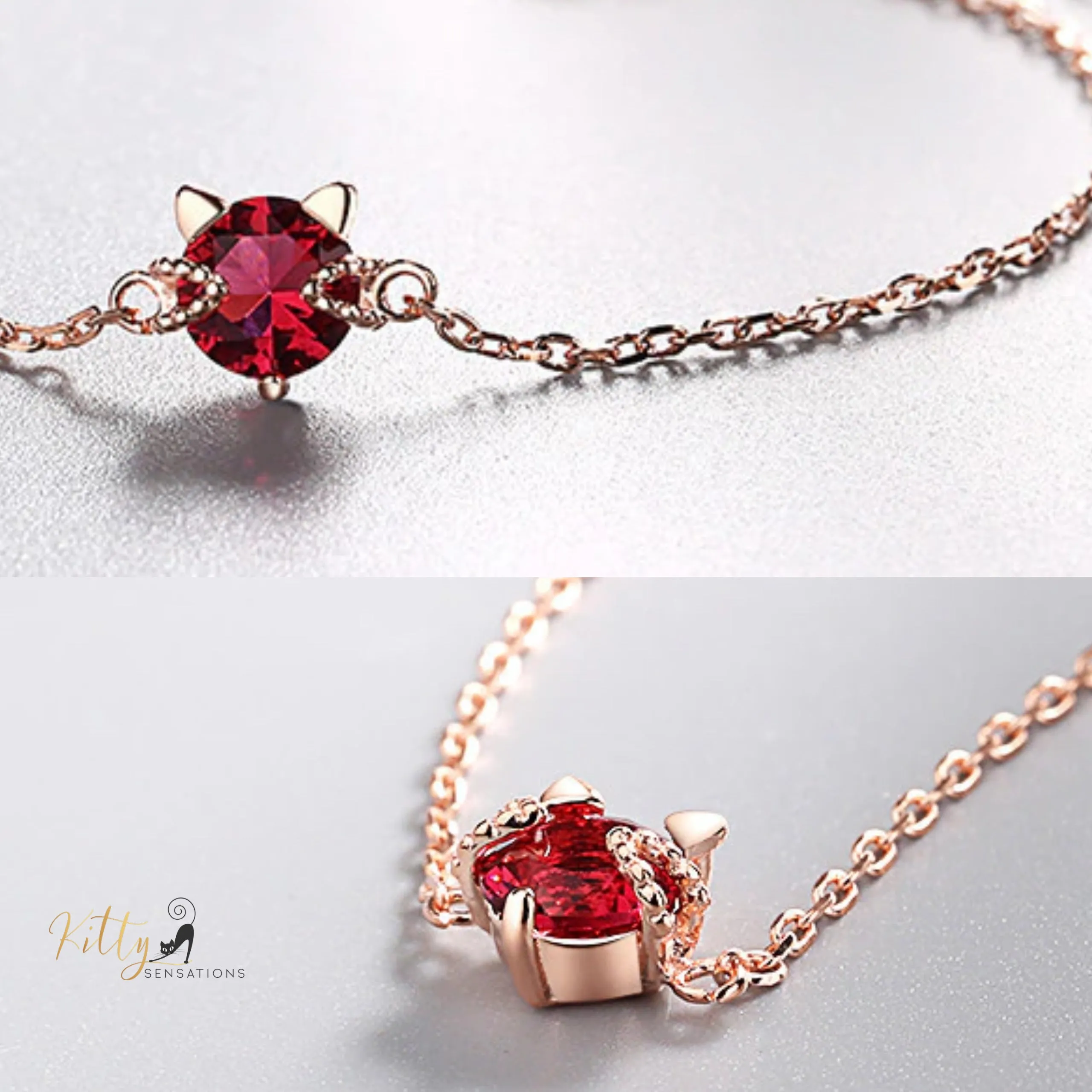 Ruby Red Cat Bracelet in Solid 925 Sterling Silver - Adjustable Length