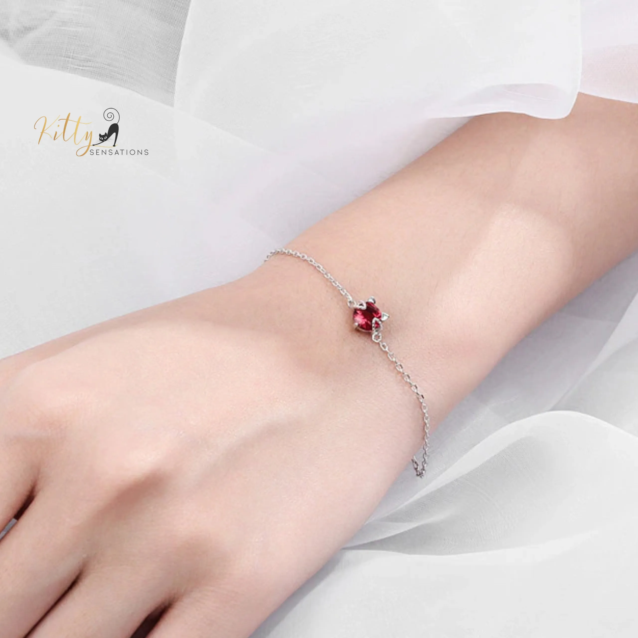 Ruby Red Cat Bracelet in Solid 925 Sterling Silver - Adjustable Length