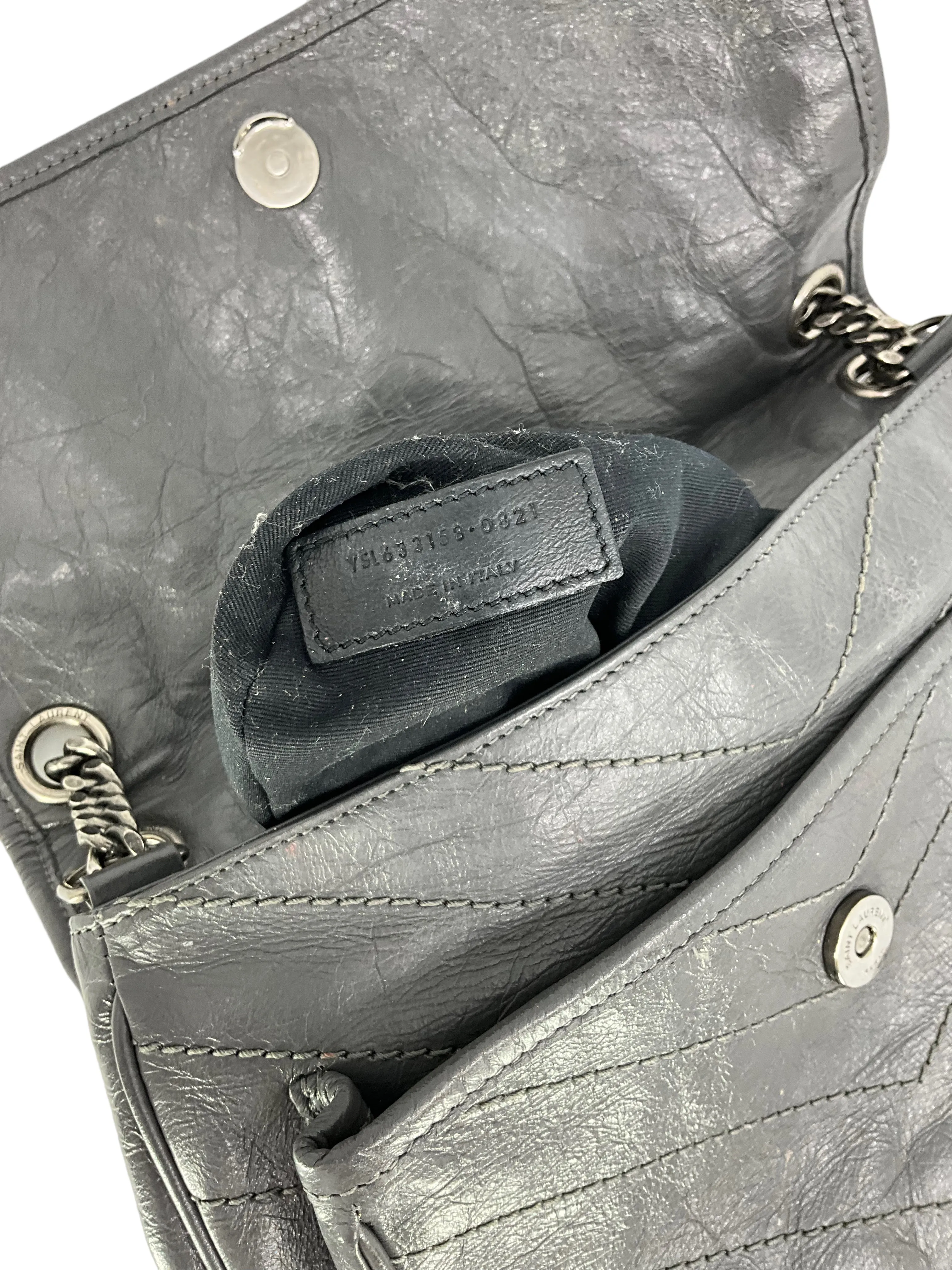 SAINT LAURENT Crinkled Calfskin Monogram Niki Medium Chain Bag