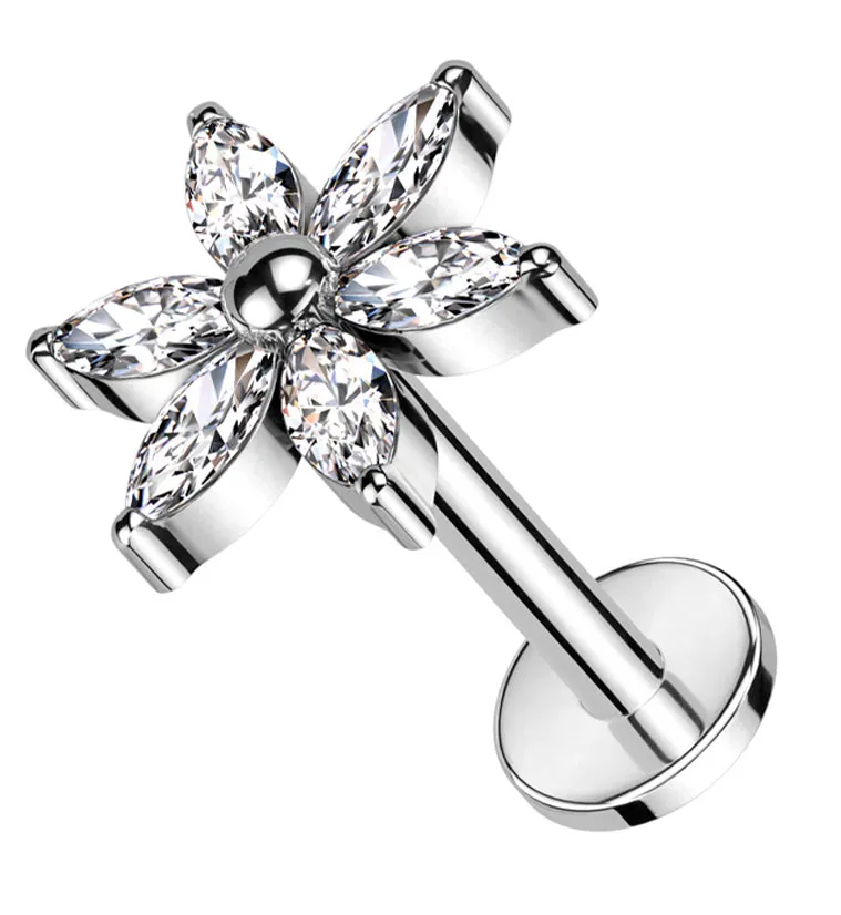 Senary Flower Clear CZ Internally Threaded Titanium Labret