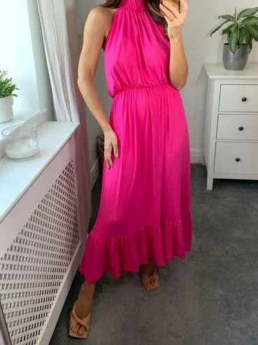 Signage Halter Neck Tiered Maxi Dress In Cerise Pink