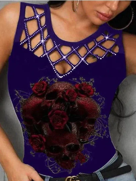 Skull and Flower Print Sleeveless Tank Top for Women