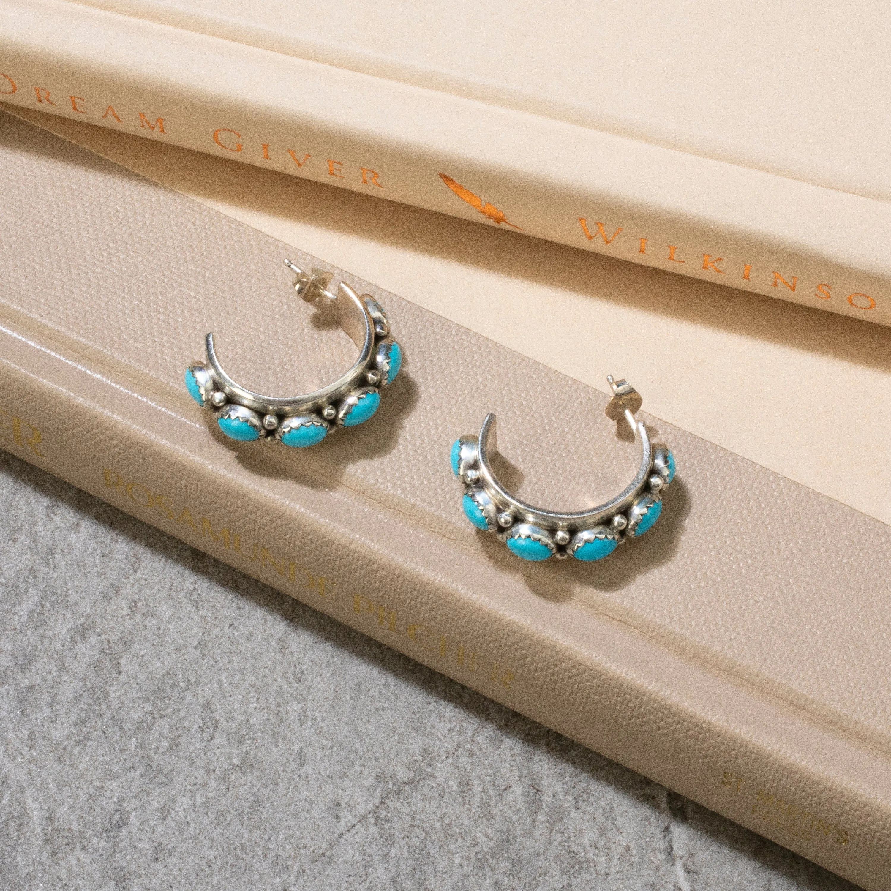 Sleeping Beauty Turquoise Semi Hoop Navajo USA Native American Made 925 Sterling Silver Earrings with Stud Backing