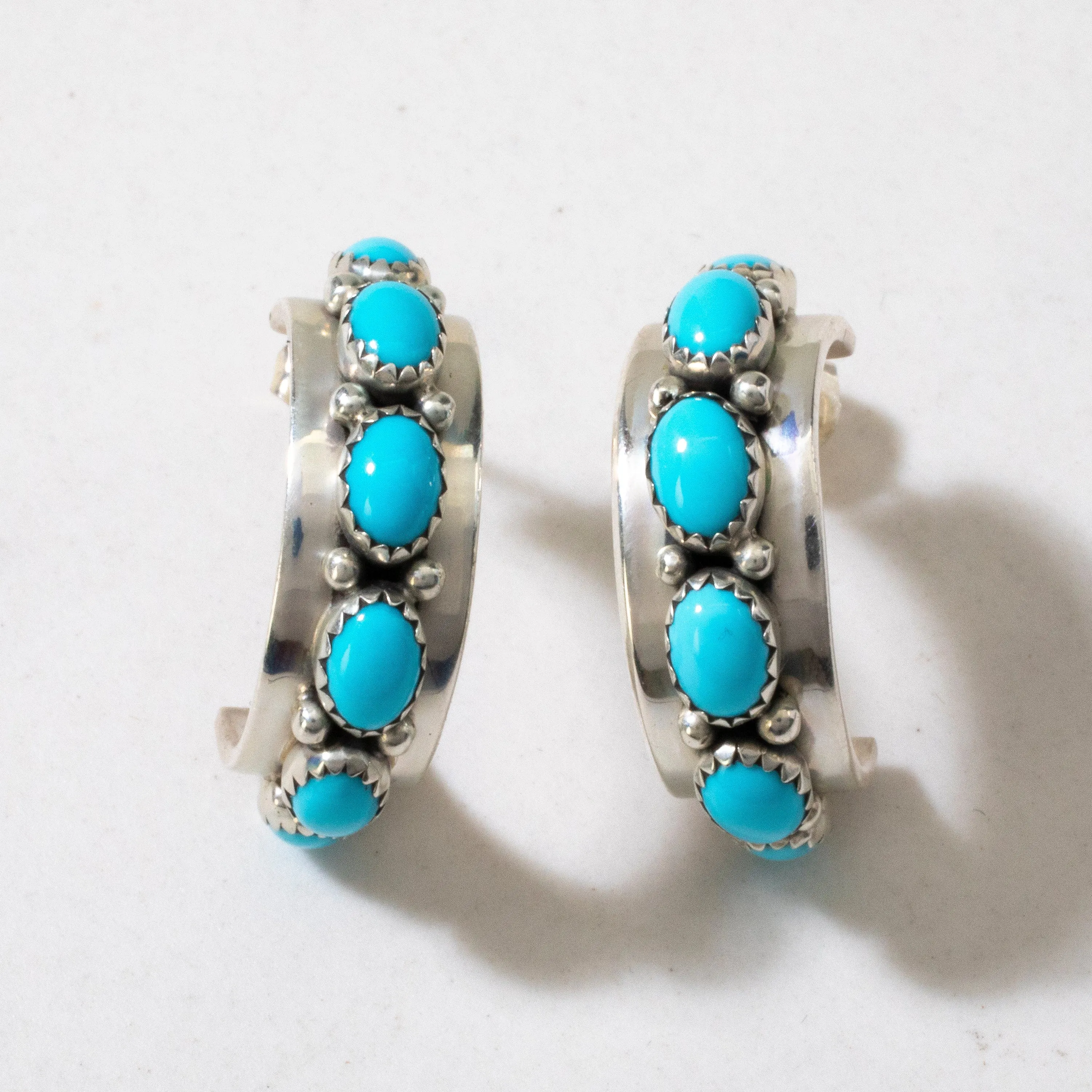 Sleeping Beauty Turquoise Semi Hoop Navajo USA Native American Made 925 Sterling Silver Earrings with Stud Backing