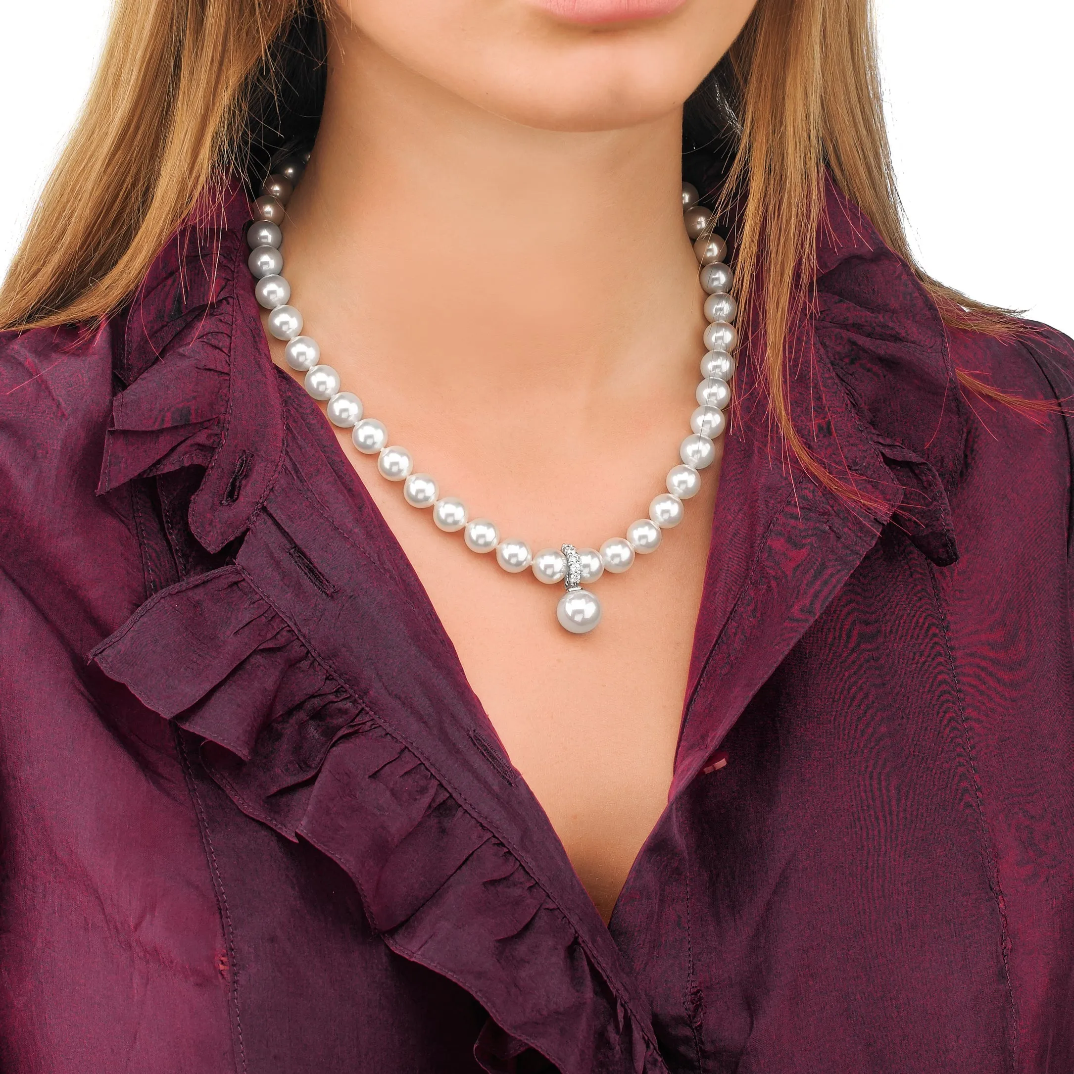 Sterling Silver Rhodium Plated Necklace for Women with Organic Pearl, 10mm Round White Pearls and Cubic Zirconias, 17.7 Necklace Length, Lilit Collection