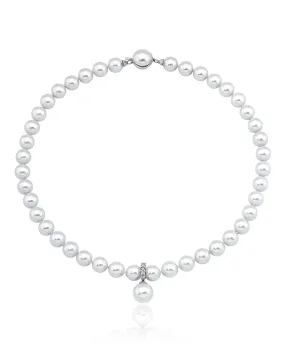 Sterling Silver Rhodium Plated Necklace for Women with Organic Pearl, 10mm Round White Pearls and Cubic Zirconias, 17.7 Necklace Length, Lilit Collection