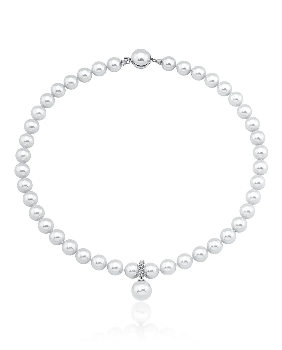 Sterling Silver Rhodium Plated Necklace for Women with Organic Pearl, 10mm Round White Pearls and Cubic Zirconias, 17.7 Necklace Length, Lilit Collection