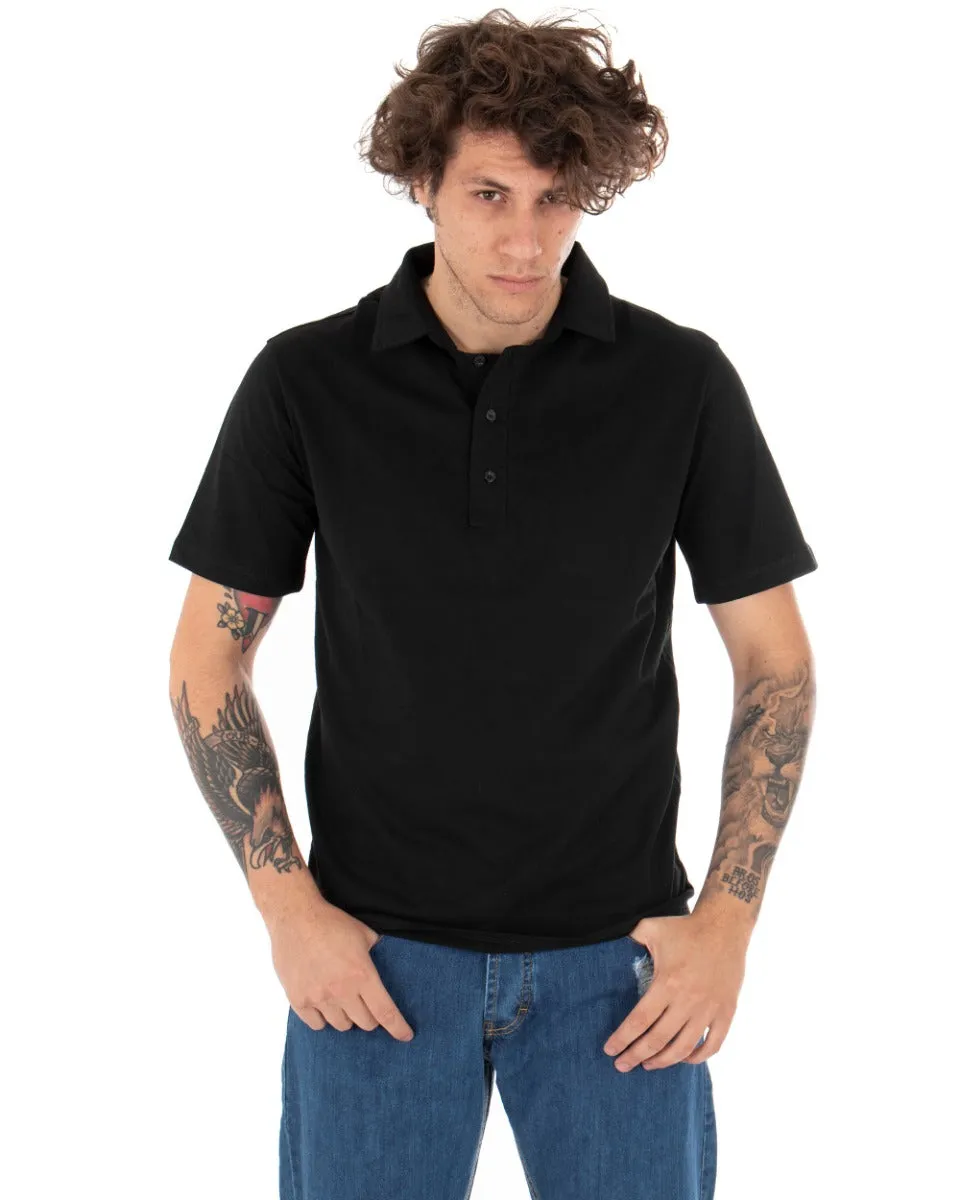 T-shirt Polo Uomo Tinta Unita Nera Colletto Bottoni Basic Maniche Corte Cotone GIOSAL