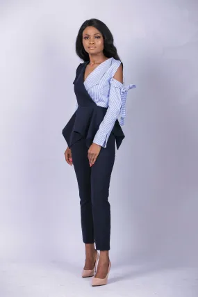 Tara Contrasting Peplum Wrap Blouse and Pant Set