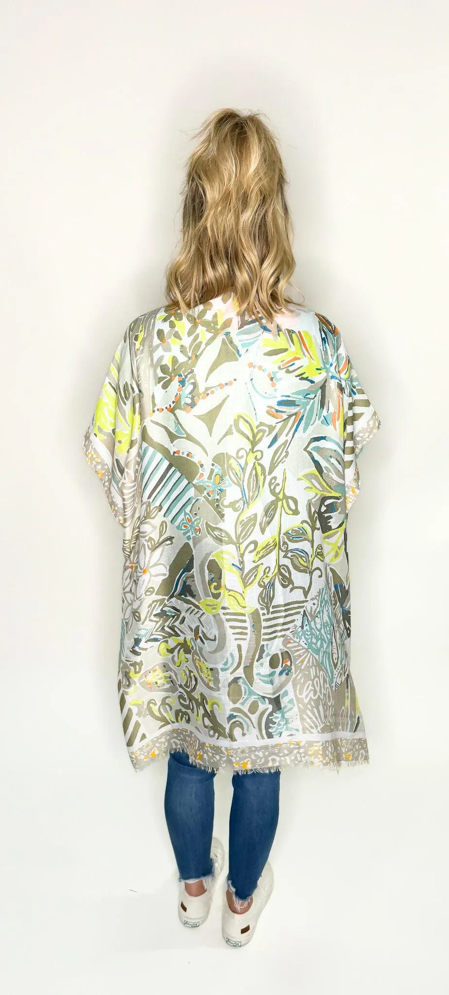 Taupe Teal & White Floral Kimono