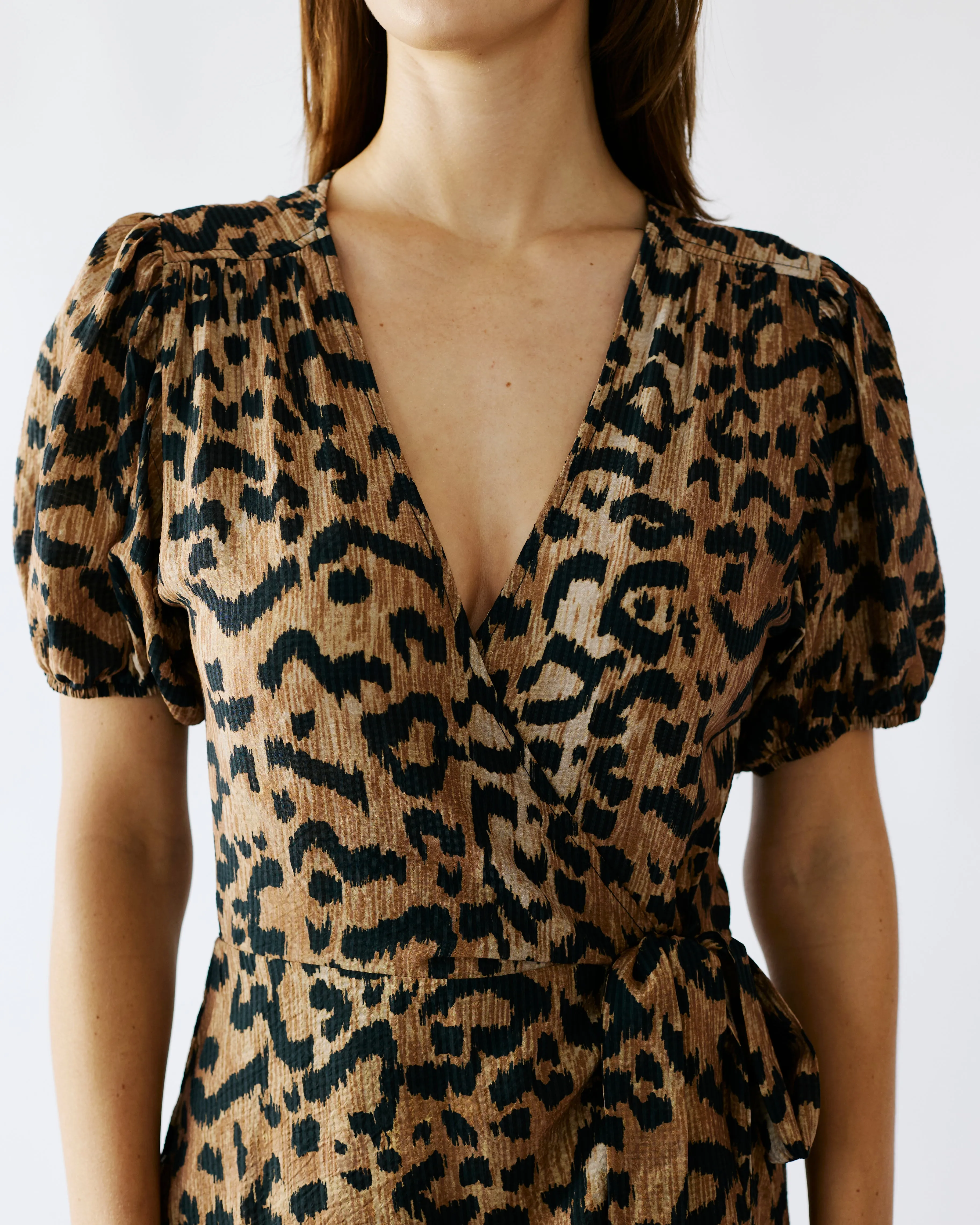 The Wrap Dress with Shirred Sleeve in Animal