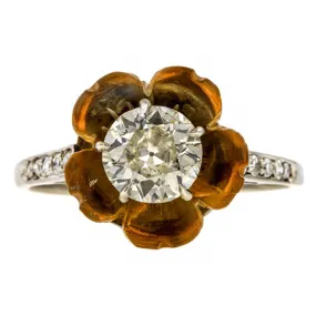 Vintage Diamond & Citrine Flower Ring, Old Euro. 0.93ct.