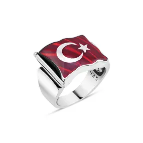 Wavy Turkish Flag Patterned Silver Men's Ring