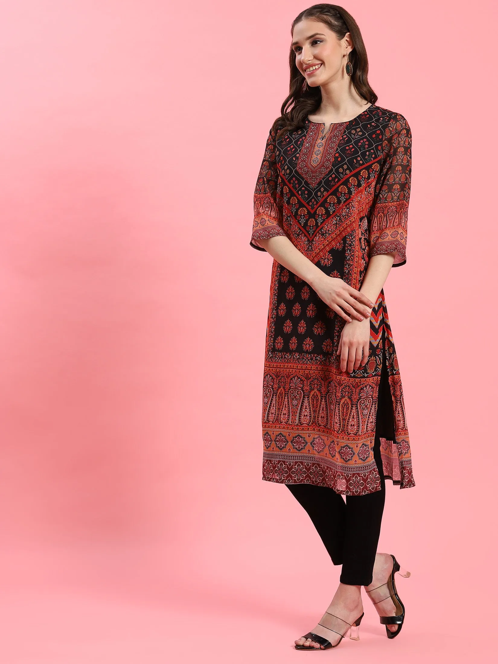 Women Black Floral Printed Kurta