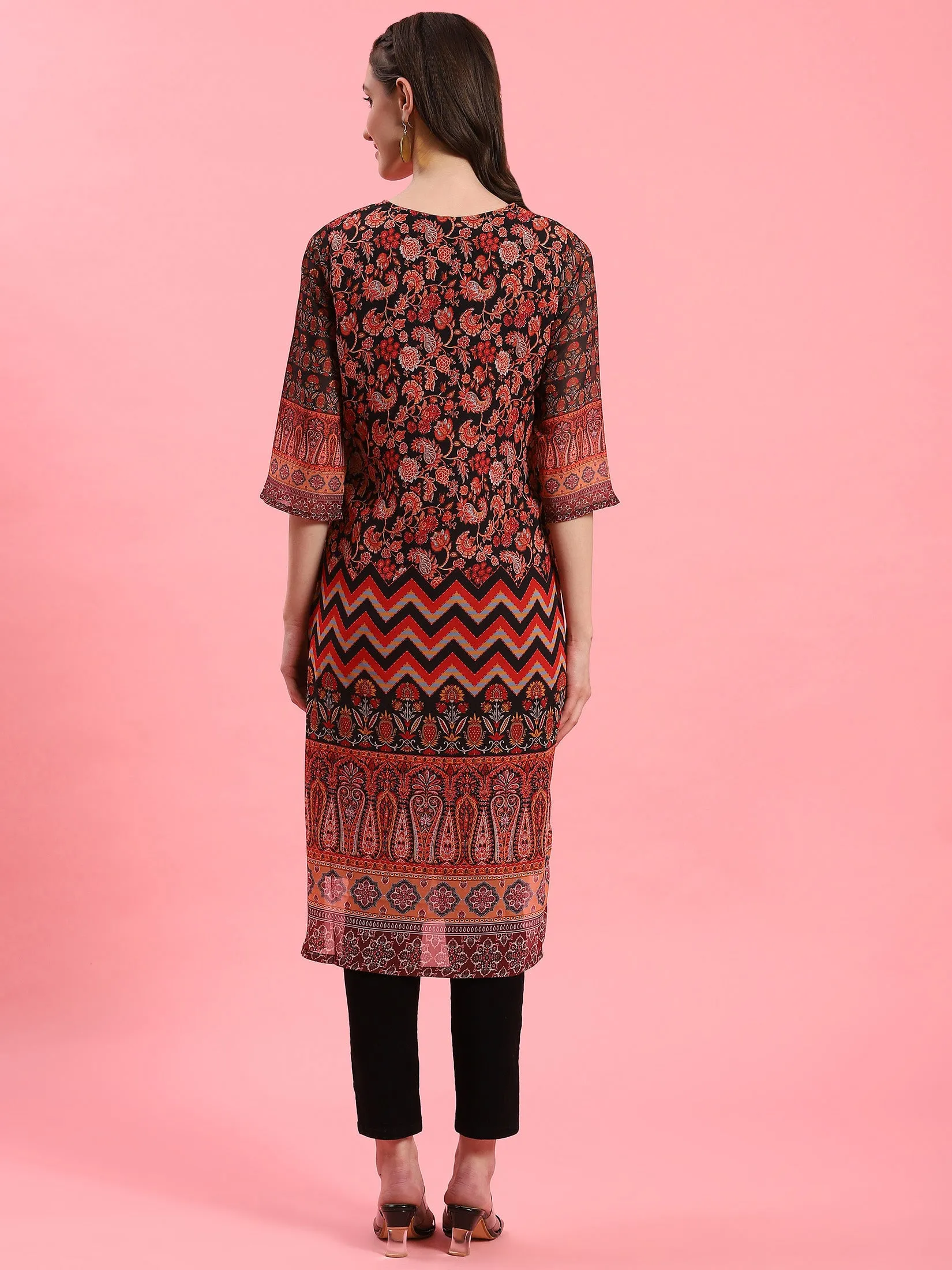 Women Black Floral Printed Kurta